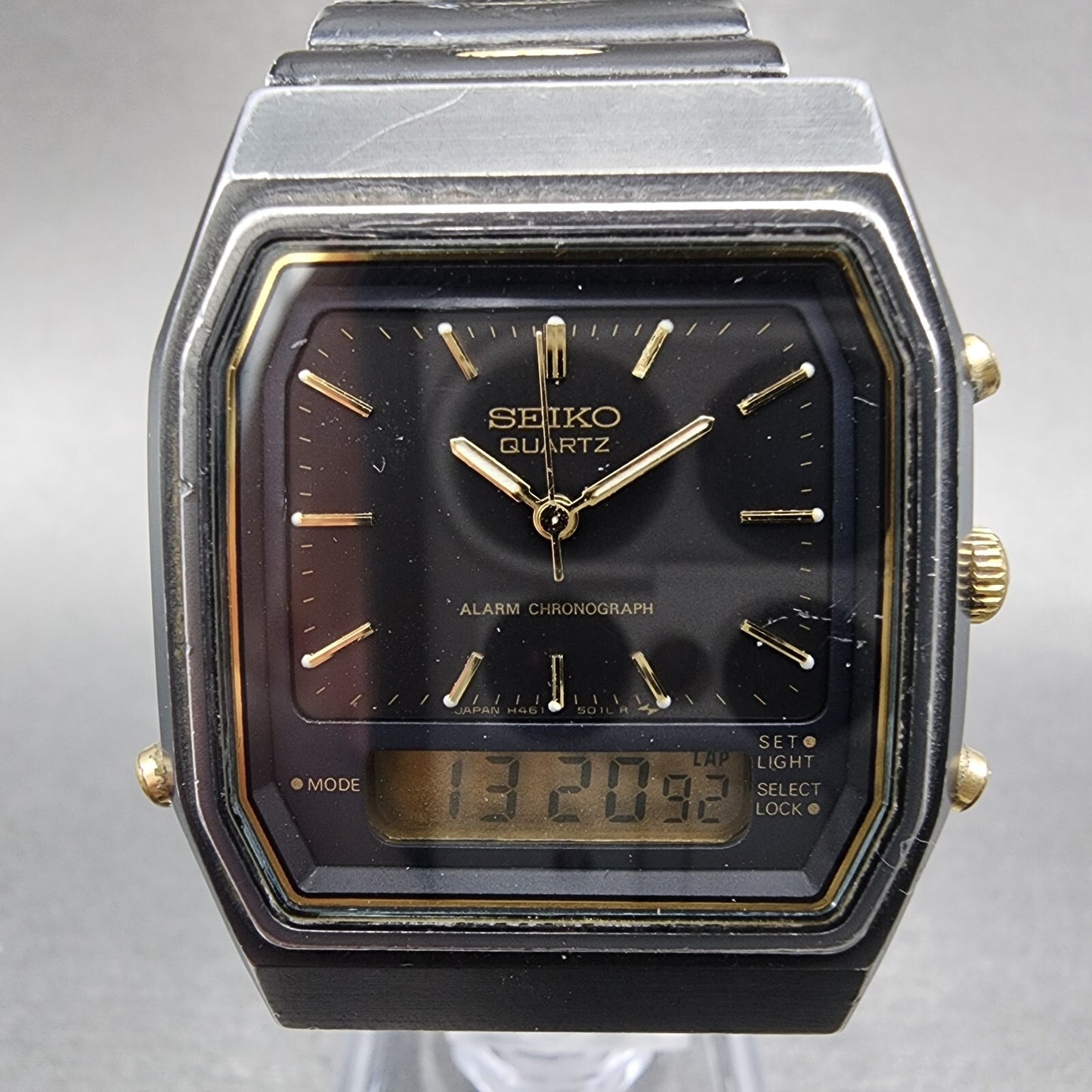 Seiko Watch Men 32mm Black Dial Black Tone Analog Digital H4615030 New Battery1