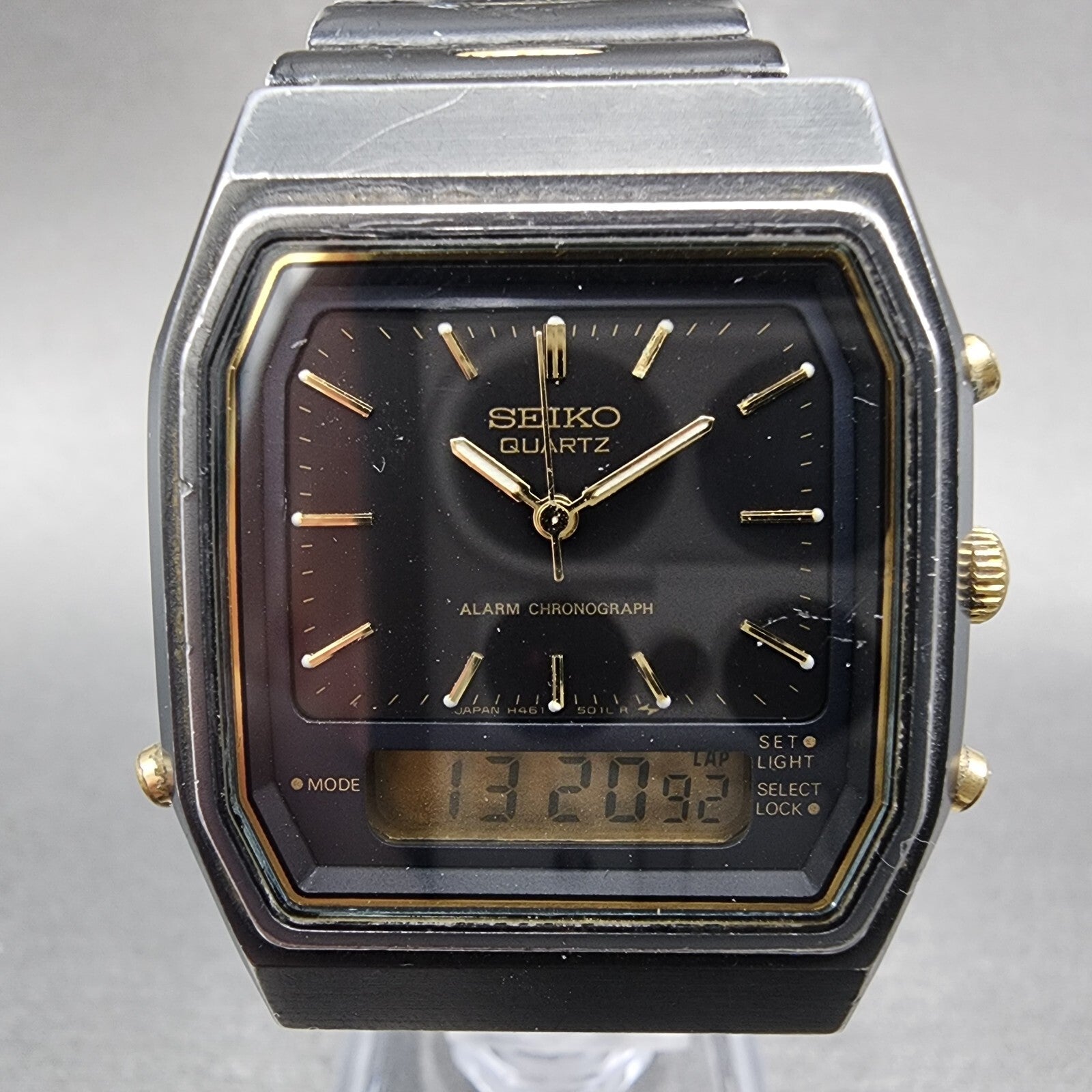 Seiko Watch Men 32mm Black Dial Black Tone Analog Digital H4615030 New Battery1