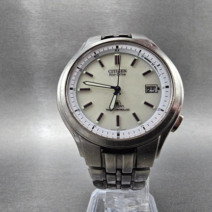 Citizen Eco-Drive Attesa Watch Men 39mm White Dial Titanium Atomic Date PARTS JP6