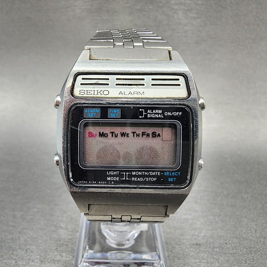 Seiko Digital Watch Men 34mm LCD Stainless Steel Alarm Chrono A1345009 PARTS0
