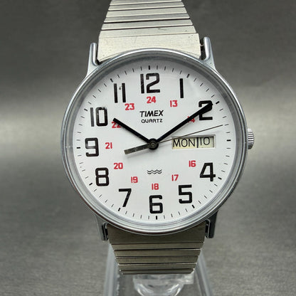 Timex Easy Reader Watch Men 33mm White Dial Silver Tone Round Daydate New Batt0