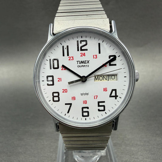 Timex Easy Reader Watch Men 33mm White Dial Silver Tone Round Daydate New Batt0