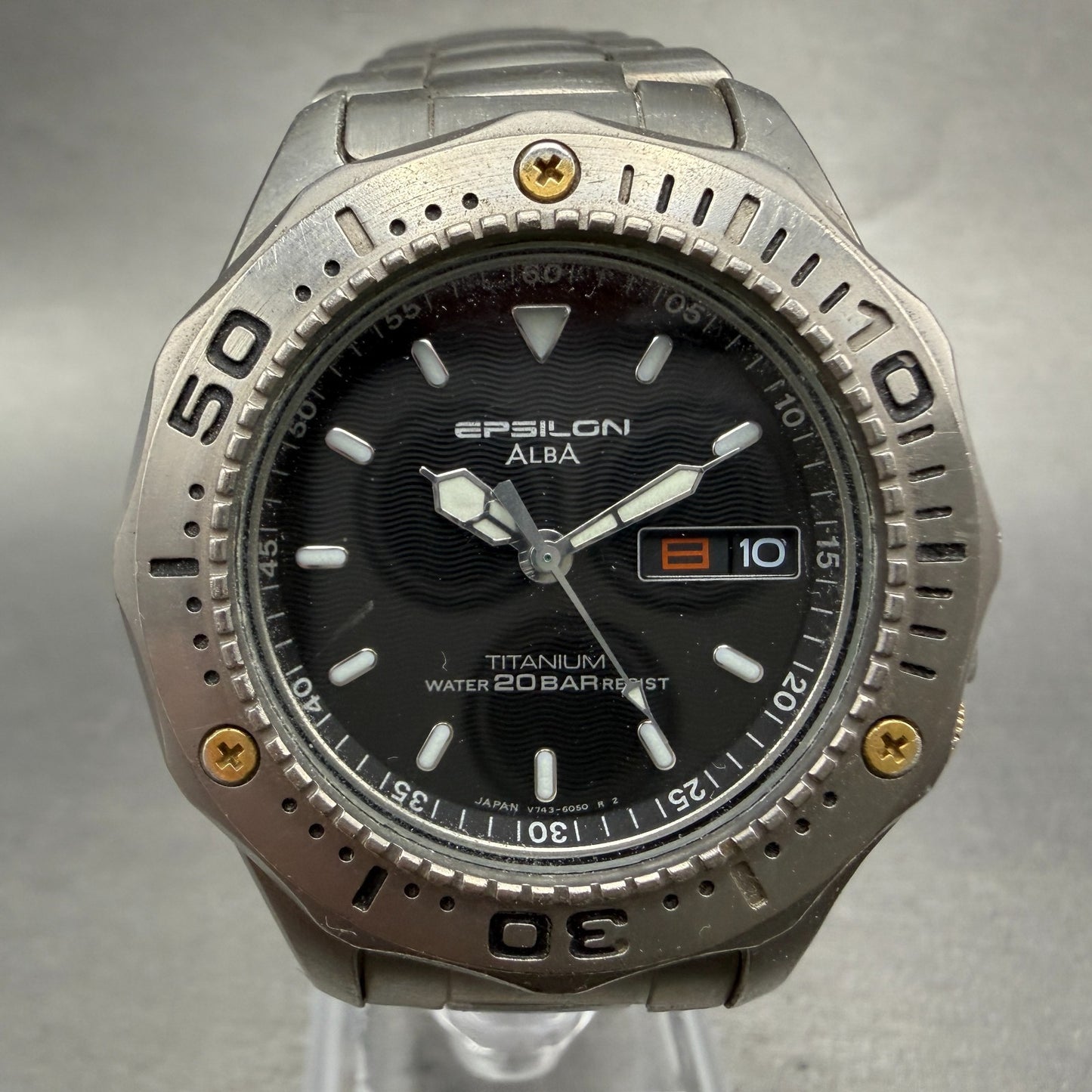 Seiko ALBA Epsilon Dive Watch Men 39mm Black Dial Titanium Daydate Round New Bat0