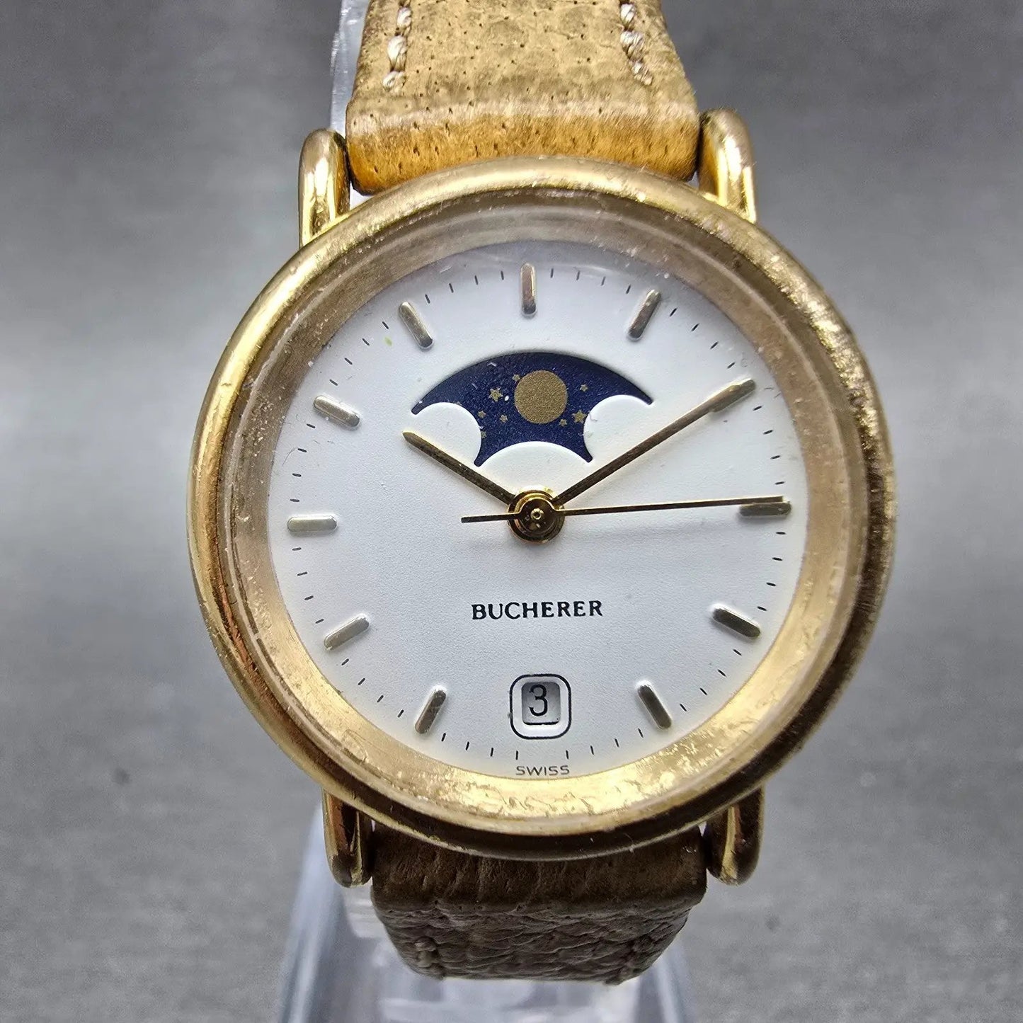 Bucherer Moonphase Watch Women 25mm White Dial Gold Tone Date READ!! New Battery0