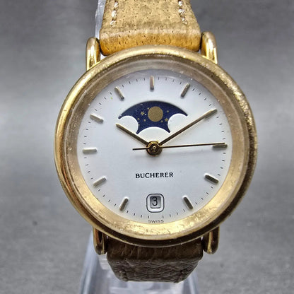 Bucherer Moonphase Watch Women 25mm White Dial Gold Tone Date READ!! New Battery0