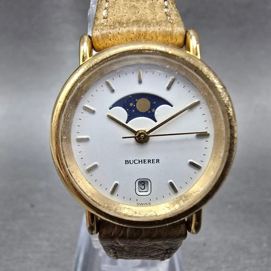 Bucherer Moonphase Watch Women 25mm White Dial Gold Tone Date READ!! New Battery0