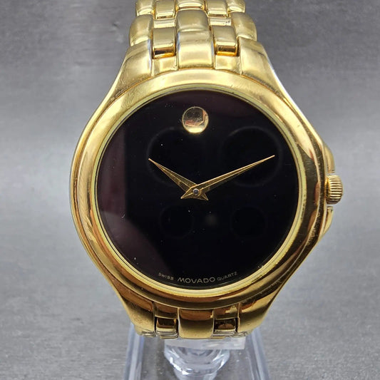 Movado Museum Watch Men 35mm Black Dial Gold Tone Round 88-E4-9872 New Battery0