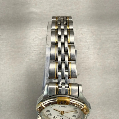 Seiko Watch Women 27mm White Dial Two Tone Date Round 7N82-0610 New Battery VTG4
