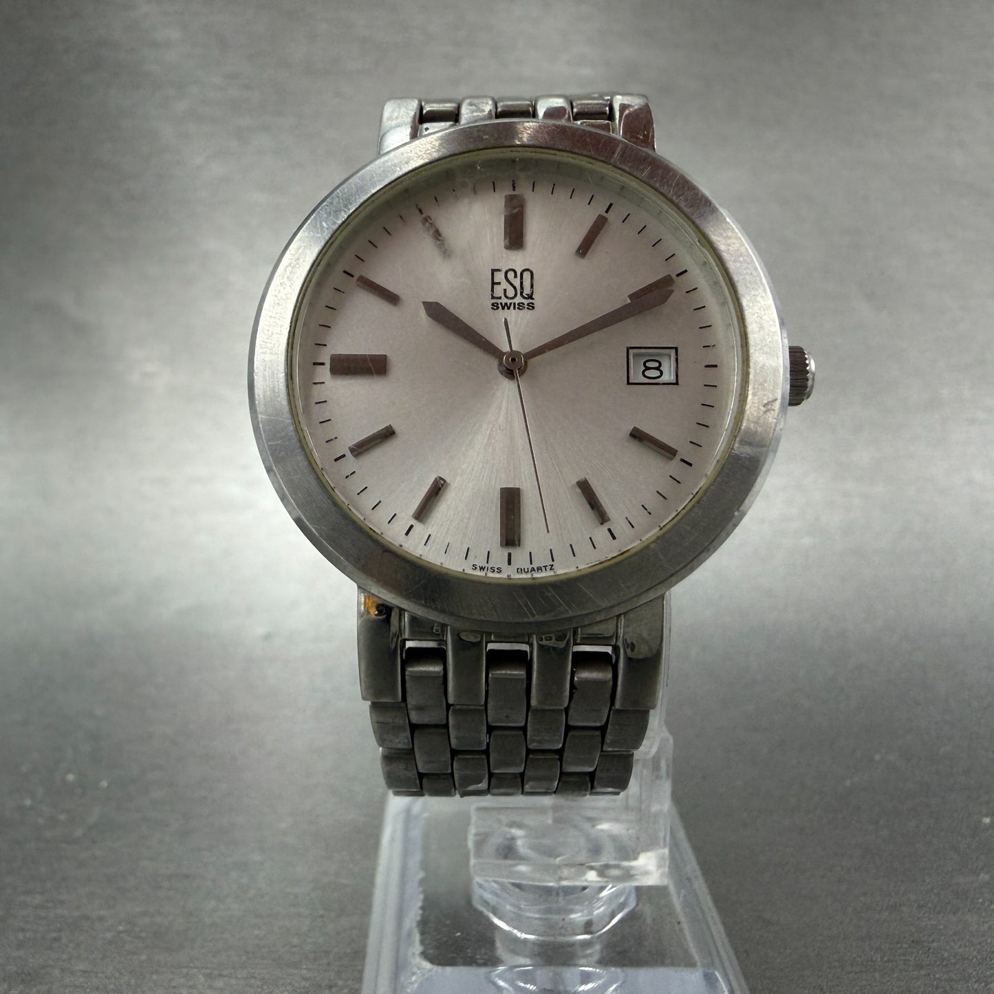 ESQ Watch Men 35mm Silver Dial Silver Tone Date Round E5197 Bracelet New Battery5