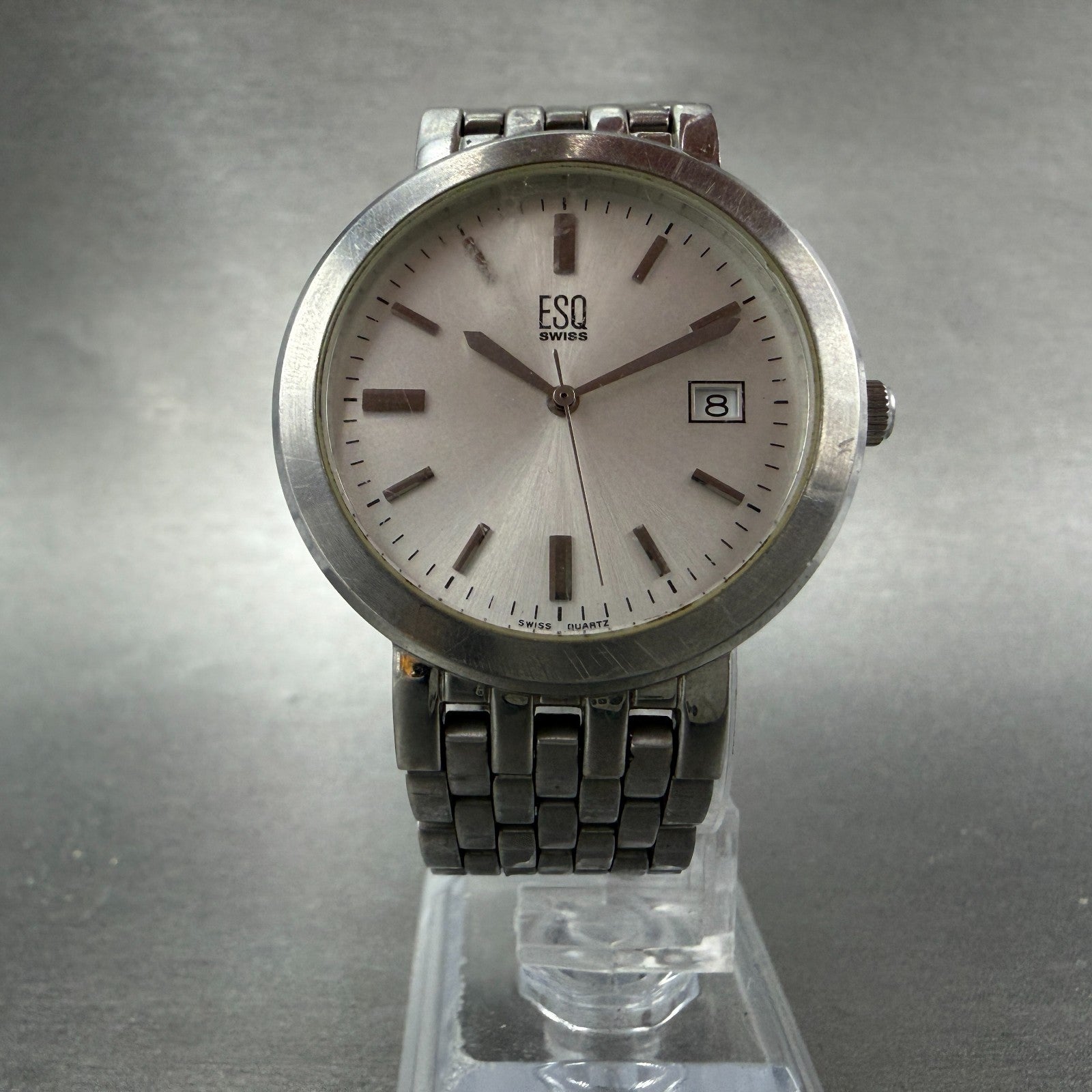 ESQ Watch Men 35mm Silver Dial Silver Tone Date Round E5197 Bracelet New Battery5