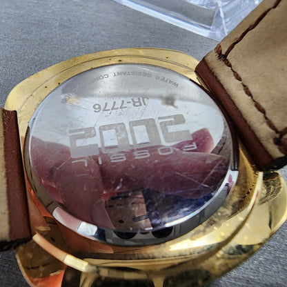 Fossil Red LED Watch Men 43mm Black Dal Gold Tone Cushion JR-7776 New Battery