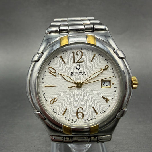 Bulova Watch Men 38mm White Dial Two Tone Date Round 98H02 New Battery0