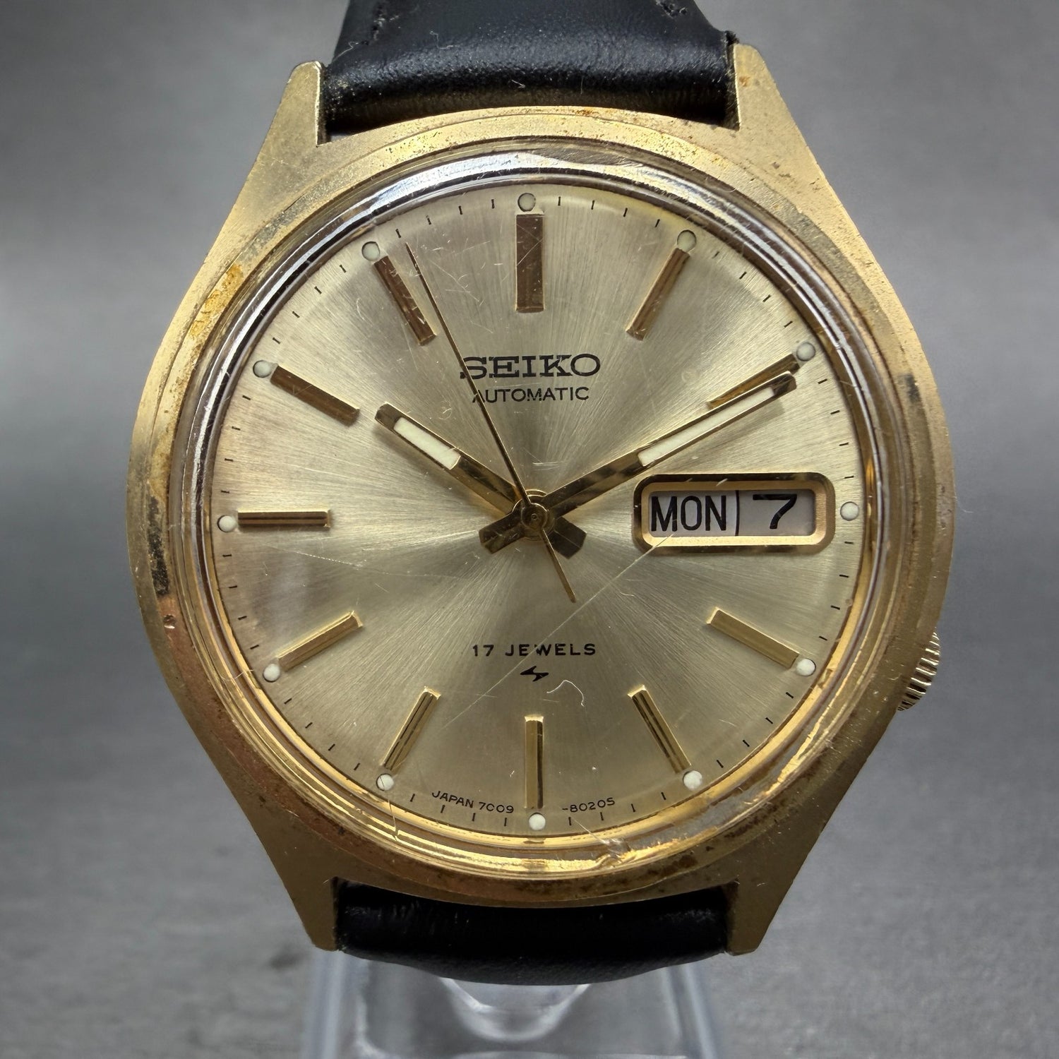 Seiko Automatic Watch Men 37mm Champagne Dial Gold Tone Daydate 7009-8029 Runs0