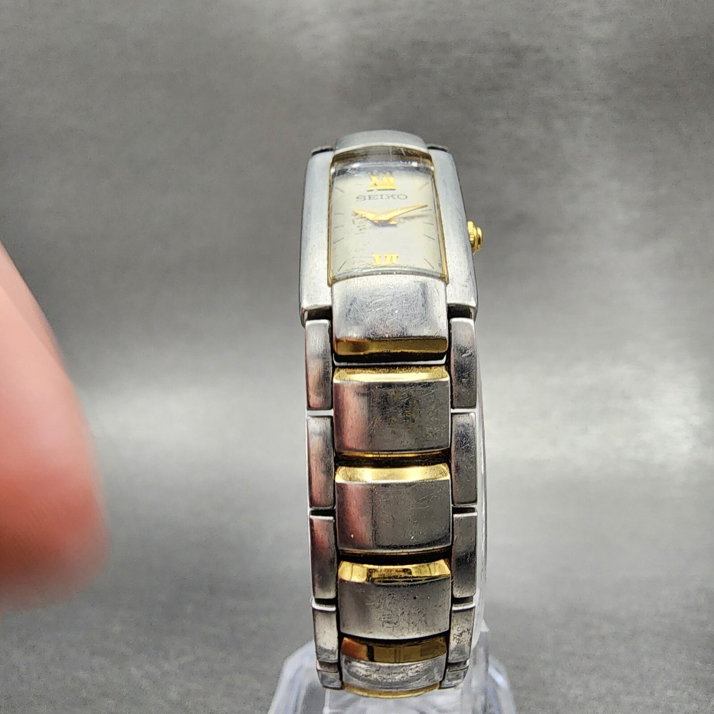 Seiko Tank Watch Women 15mm Silver Dial Two Tone Rectangle 2E200AG0 New Battery5