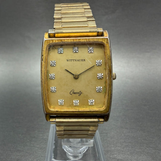 Wittnauer Tank Watch Men 27mm Gold Dial Gold Tone Rectangle Diamond Marker PARTS0