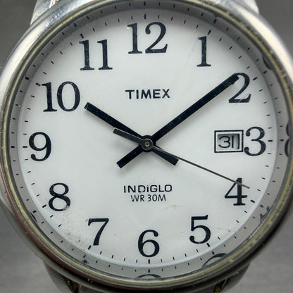 Timex Easy Reader Watch Men 35mm White Dial Silver Tone Date Round New Battery1