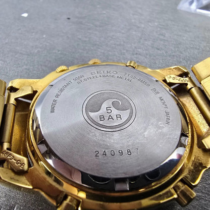 Seiko Chronograph Watch Men 39mm Gold Dial Gold Tone Date Round 7T32-6M59 PARTSK10