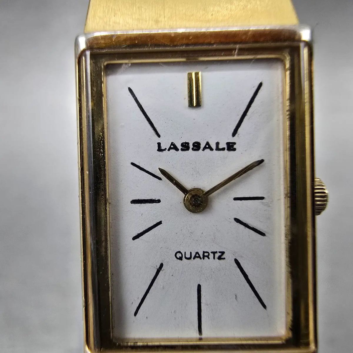 Seiko Lassale Tank Watch Women 15mm White Dial Gold Rectangle 8420-7359 New Batt1