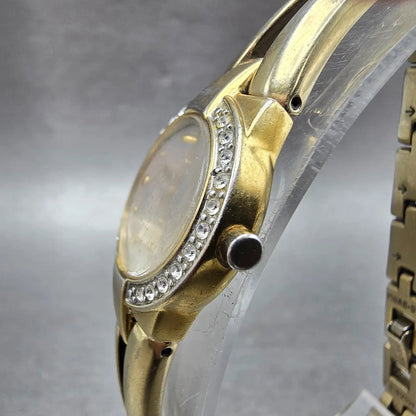 Seiko Solar Watch Women 22mm MOP Dial Gold Tone Round V115-0AW0 Runs Crystals JH2