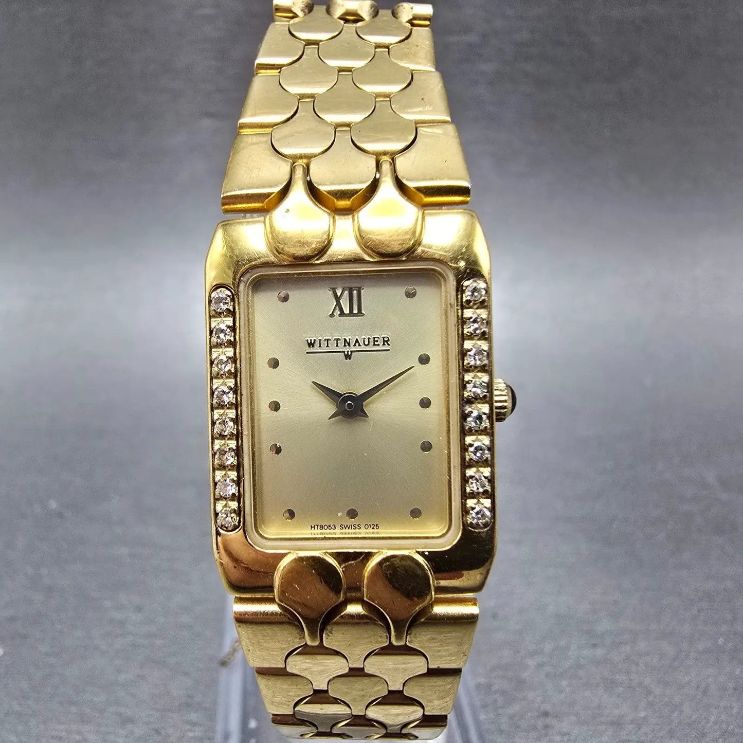 Wittnauer Tank Watch Women 19mm Champagne Dial Gold Tone Diamond Bezel New Batt0