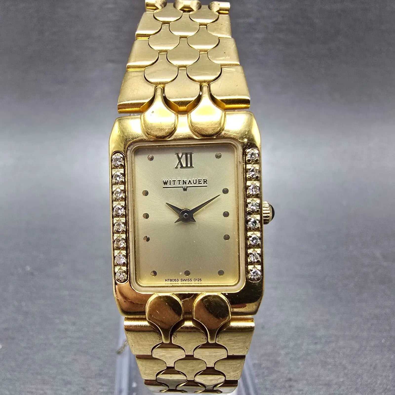 Wittnauer Tank Watch Women 19mm Champagne Dial Gold Tone Diamond Bezel New Batt0