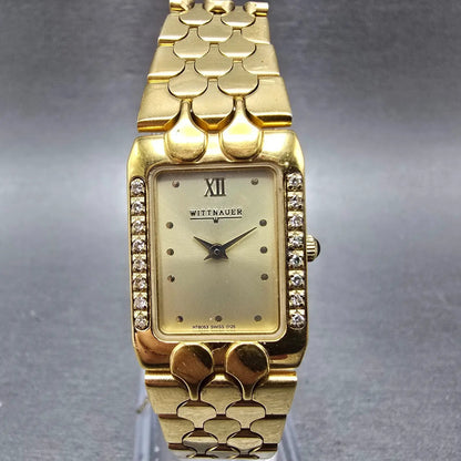 Wittnauer Tank Watch Women 19mm Champagne Dial Gold Tone Diamond Bezel New Batt0