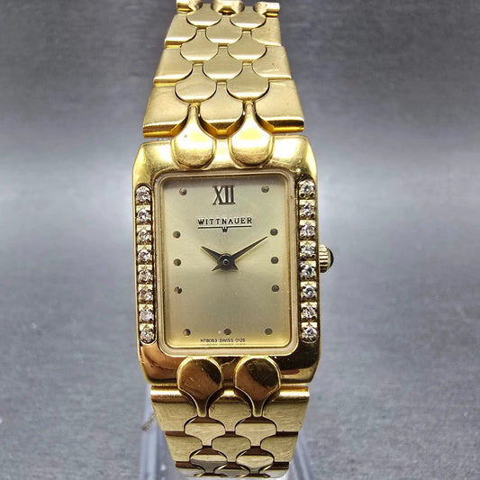 Wittnauer Tank Watch Women 19mm Champagne Dial Gold Tone Diamond Bezel New Batt0