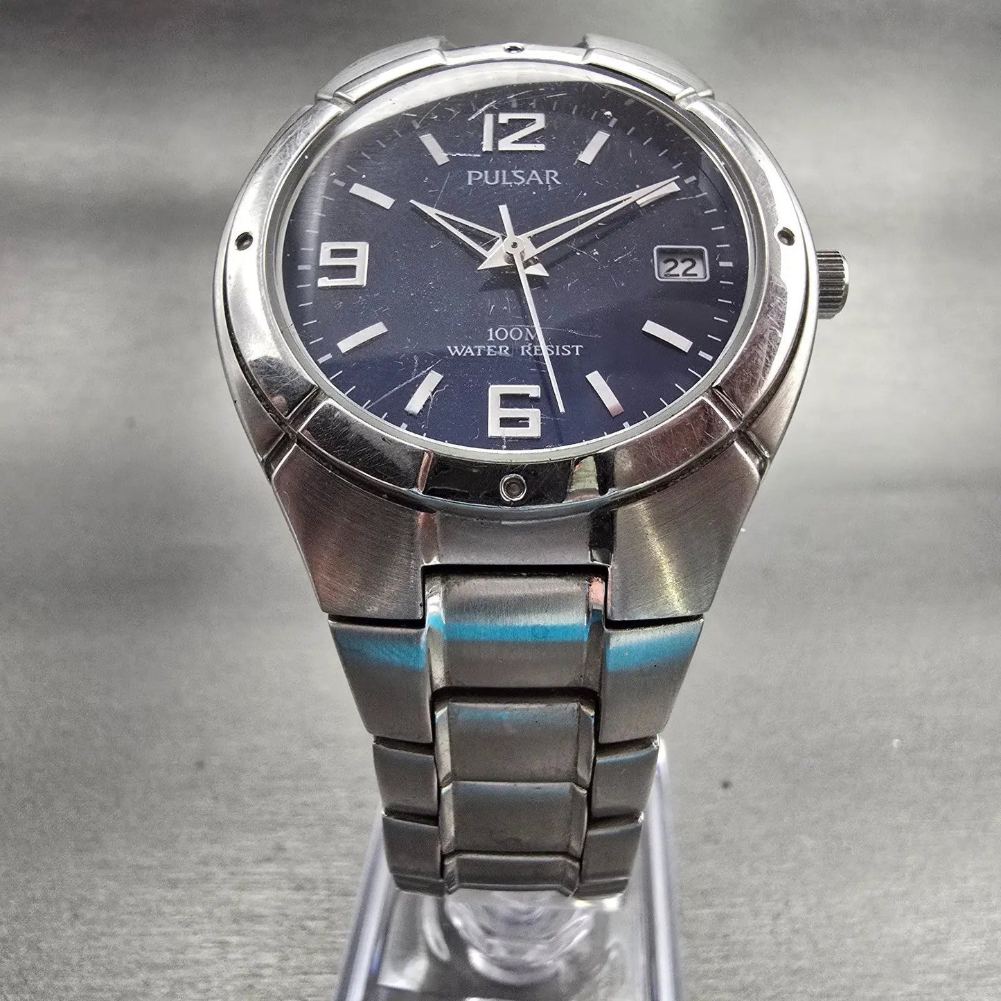 Seiko Pulsar Watch Men 38mm Blue Dial Silver Tone Date Round VX42-V051 New Batt5
