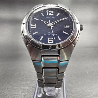 Seiko Pulsar Watch Men 38mm Blue Dial Silver Tone Date Round VX42-V051 New Batt5