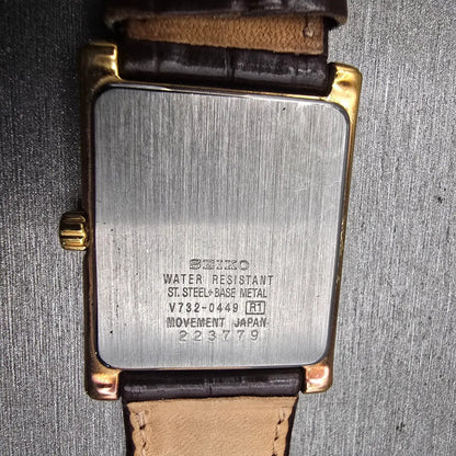 Seiko Tank Watch Men 27mm White Dial Gold Tone Date Rectangle V732-0449 New Batt10