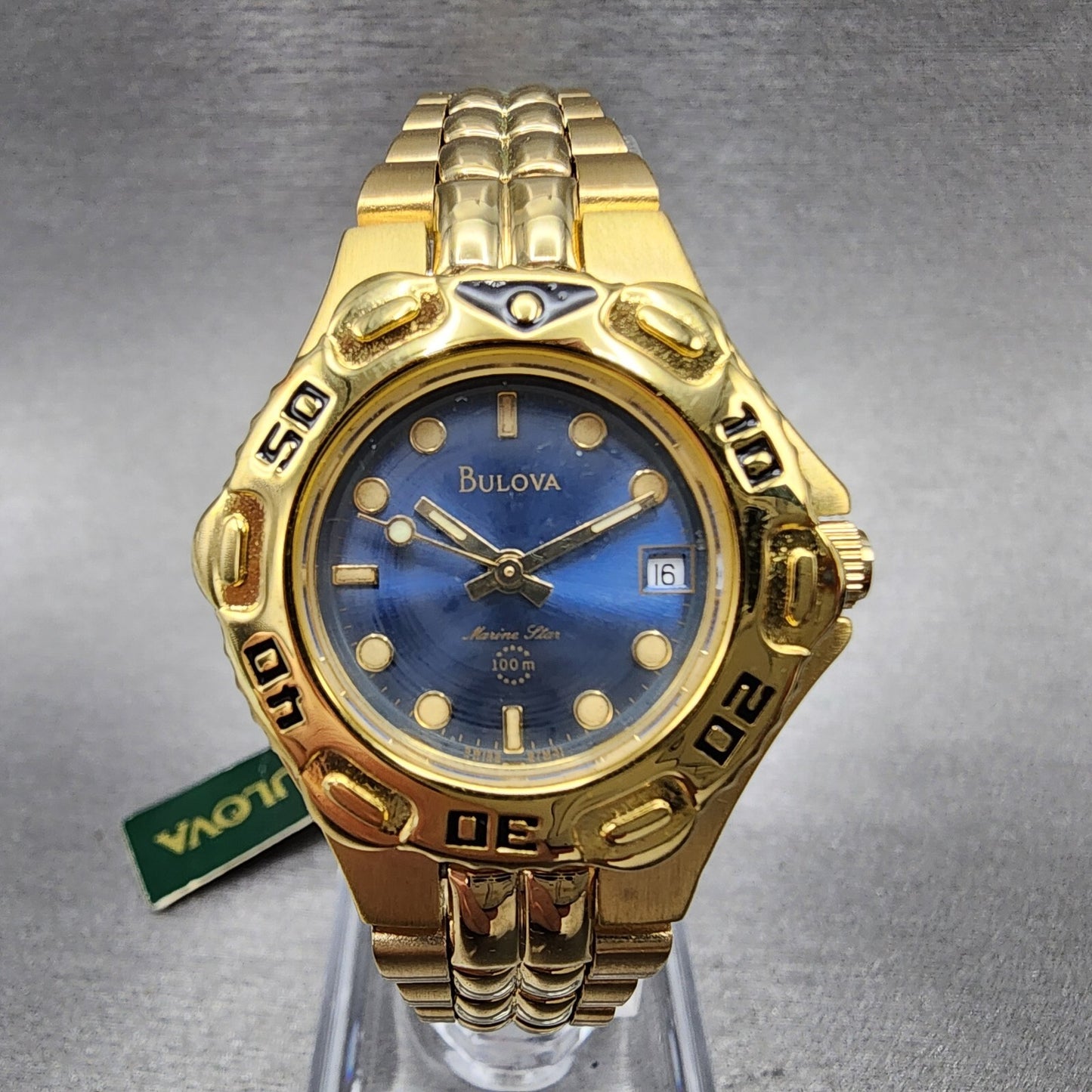 Bulova Marine Star Watch Women 28mm Blue Dial Gold Tone Date 97M31 New Batt NOS2