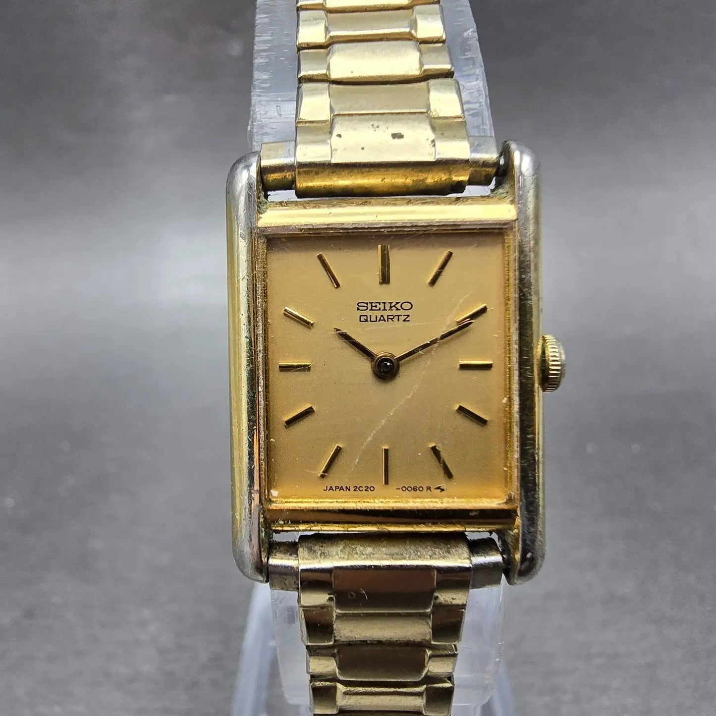Seiko Tank Watch Women 18mm Champagne Dial Gold Tone 2C20-5010 New Battery VTG0