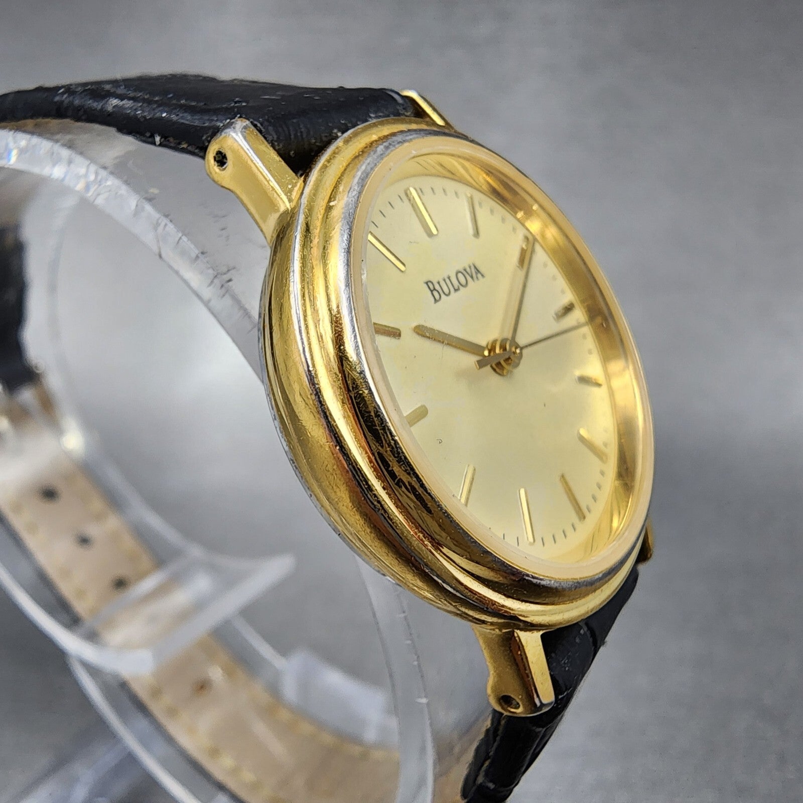 VTG Bulova Watch Women 26mm Gold Dial Gold Tone Round Leather Band New Battery3