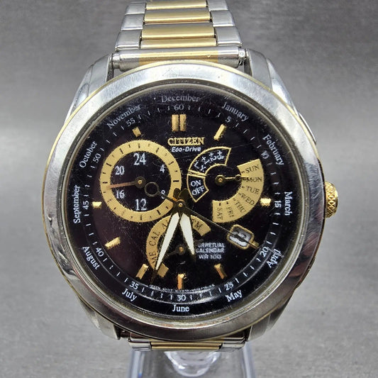 Citizen Eco-Drive Perpetual Calendar Watch Men 39mm Blue Dial Two Tone Runs E8700