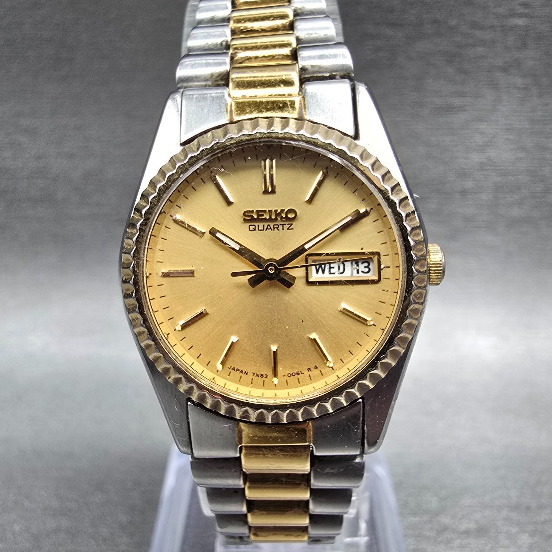 Seiko Watch Women 24mm Gold Dial Two Tone Daydate Round 7N83-0040 New Battery JP0