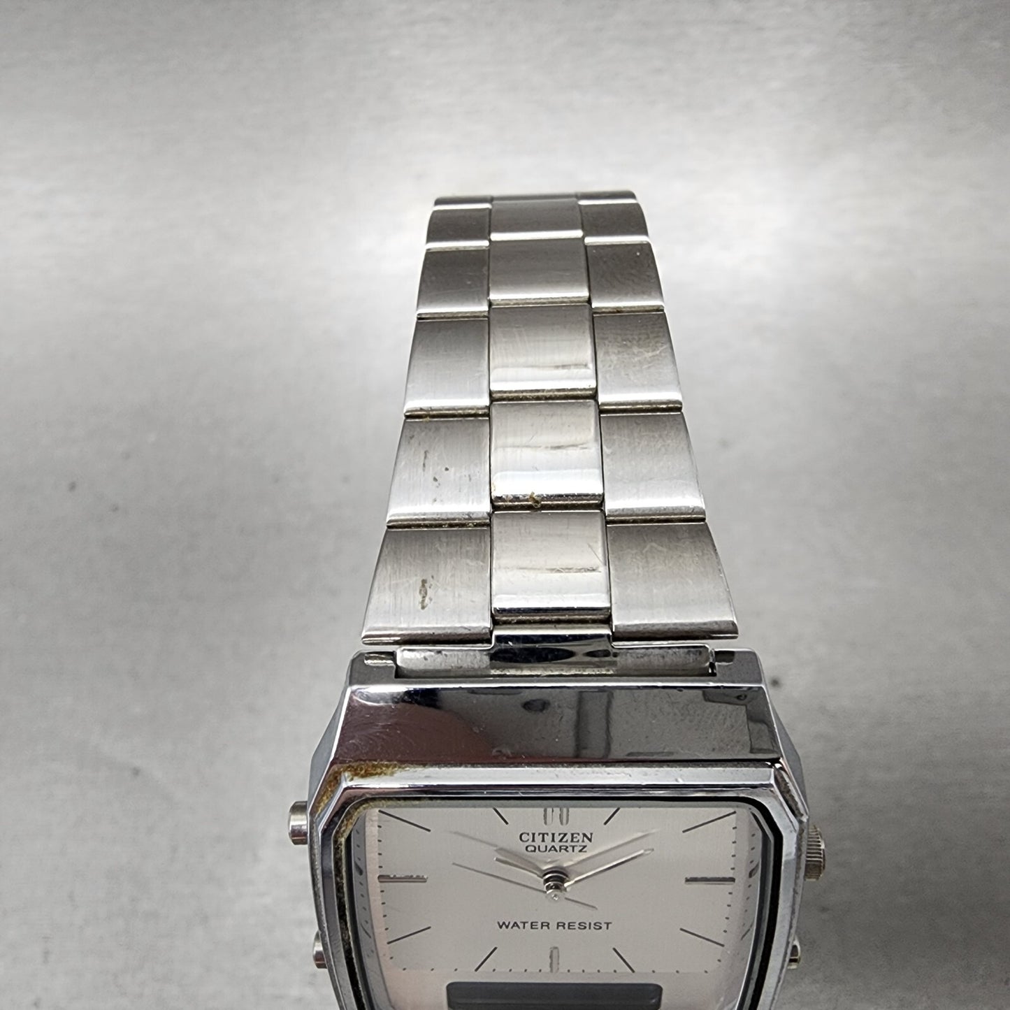 Citizen Analog Digital Watch Men 32mm Silver Dial Silver Tone Rectangle New Batt