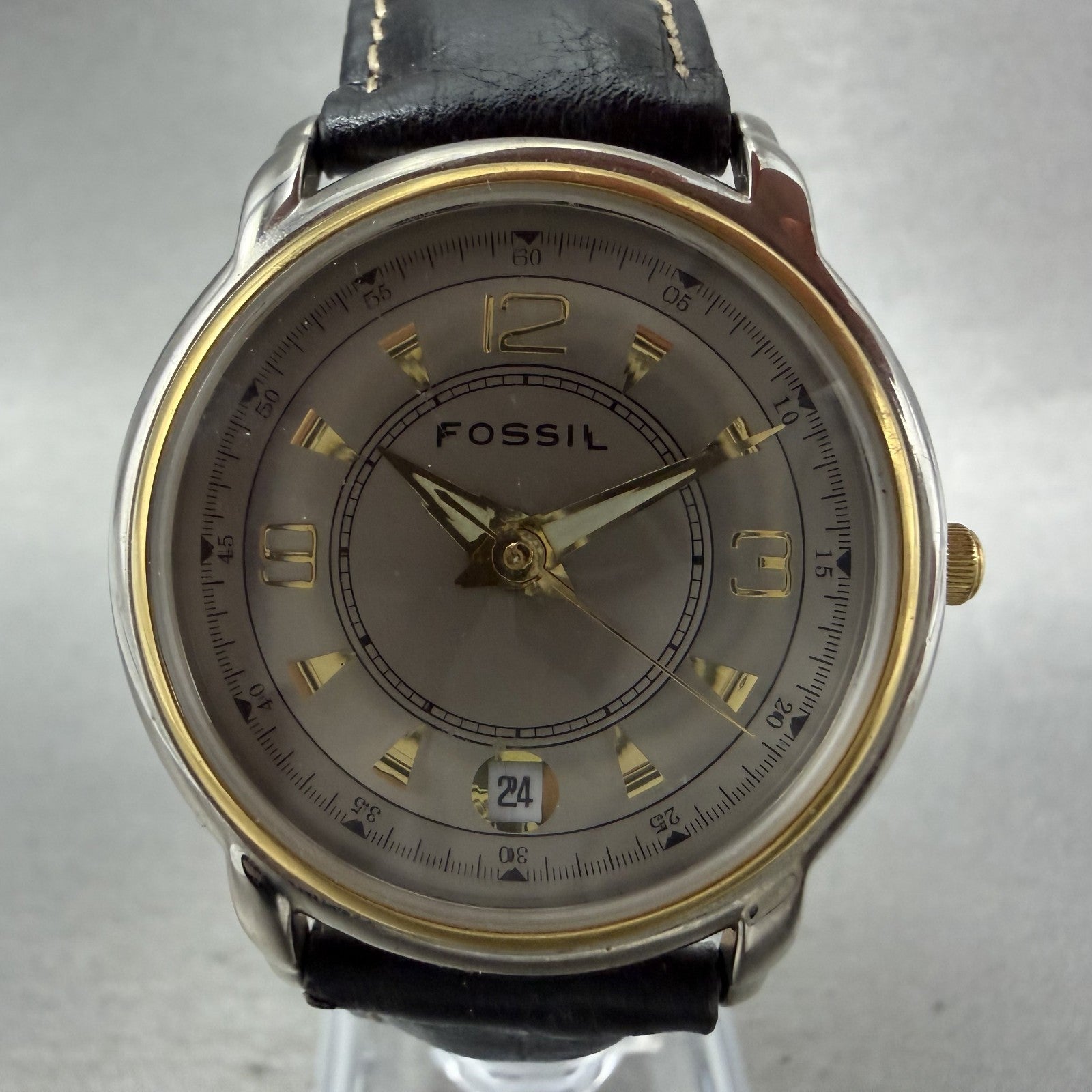 Fossil Watch Men 35mm Silver Dial Silver Tone Date Round PC9620 New Battery1