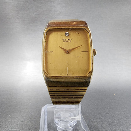 Seiko Watch Men 26mm Gold Dial Gold Tone Rectangle 6530-5089 New Battery