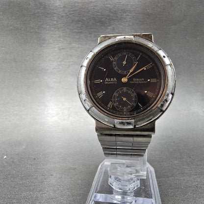 Seiko ALBA Watch Men 34mm Black Dial Silver Tone Round V254-0110 PARTS NO CROWN7