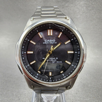 Casio Wave Ceptor  Watch Men 42mm Black Dial Steel Analog Digital Solar Runs0