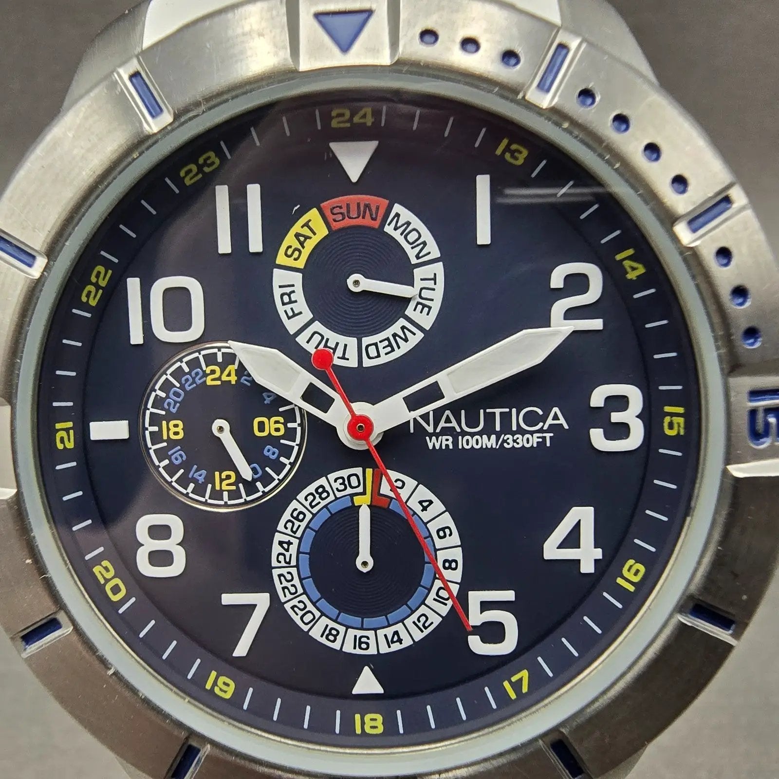 Nautica Dive Watch Men 47mm Blue Dial Steel Daydate Round NAD12514G New battery1