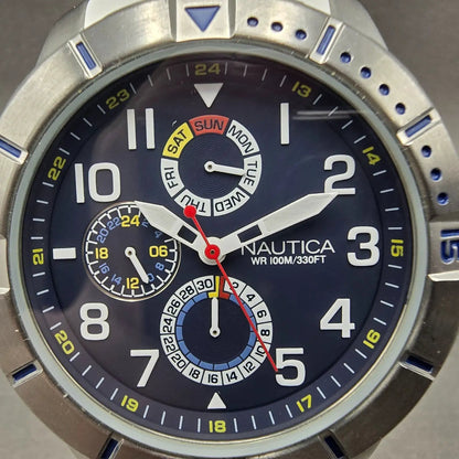 Nautica Dive Watch Men 47mm Blue Dial Steel Daydate Round NAD12514G New battery1