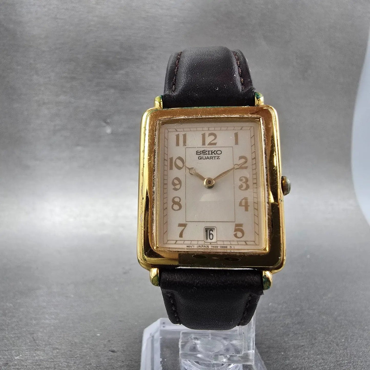 Seiko Tank Watch Men 26mm Silver Dial Gold Tone Date Rectangle 7N29-5B99 PARTS6
