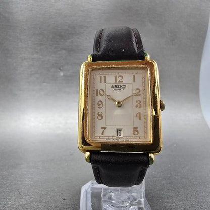 Seiko Tank Watch Men 26mm Silver Dial Gold Tone Date Rectangle 7N29-5B99 PARTS6