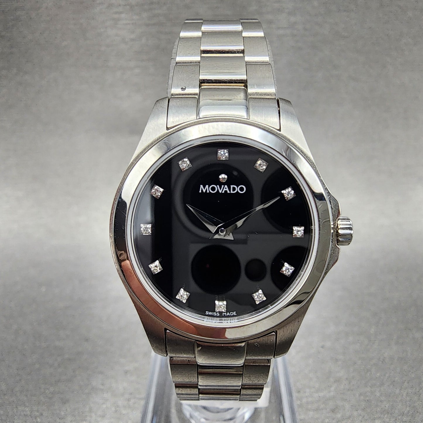 Movado Junior Sport Watch Women 26mm Black Dial Steel Round New Batt Full Set1