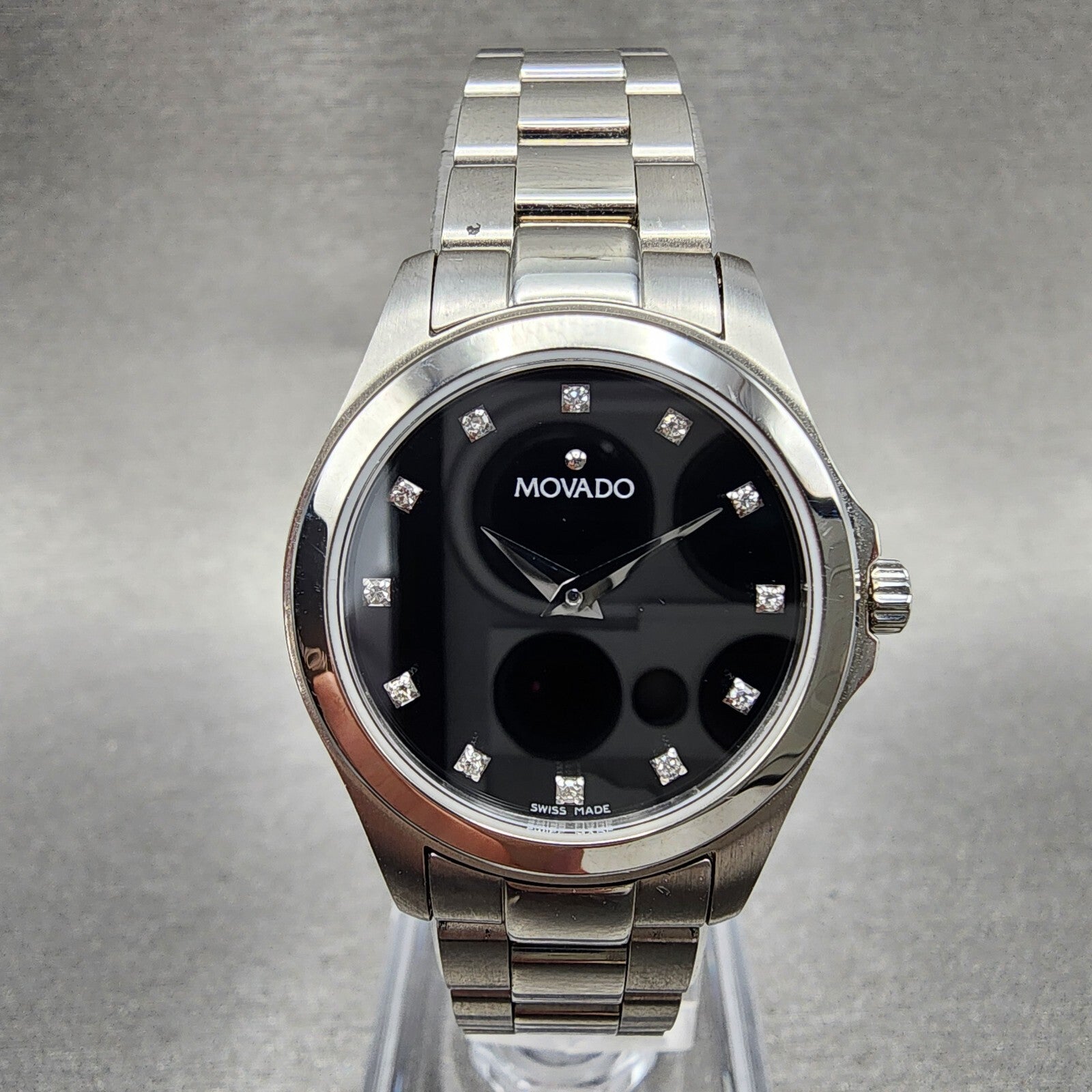 Movado Junior Sport Watch Women 26mm Black Dial Steel Round New Batt Full Set1