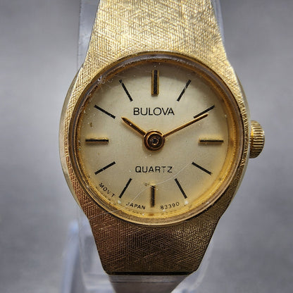 VTG Bulova Watch Women 17mm Cream Dial Gold Tone Round 83390 New Battery1