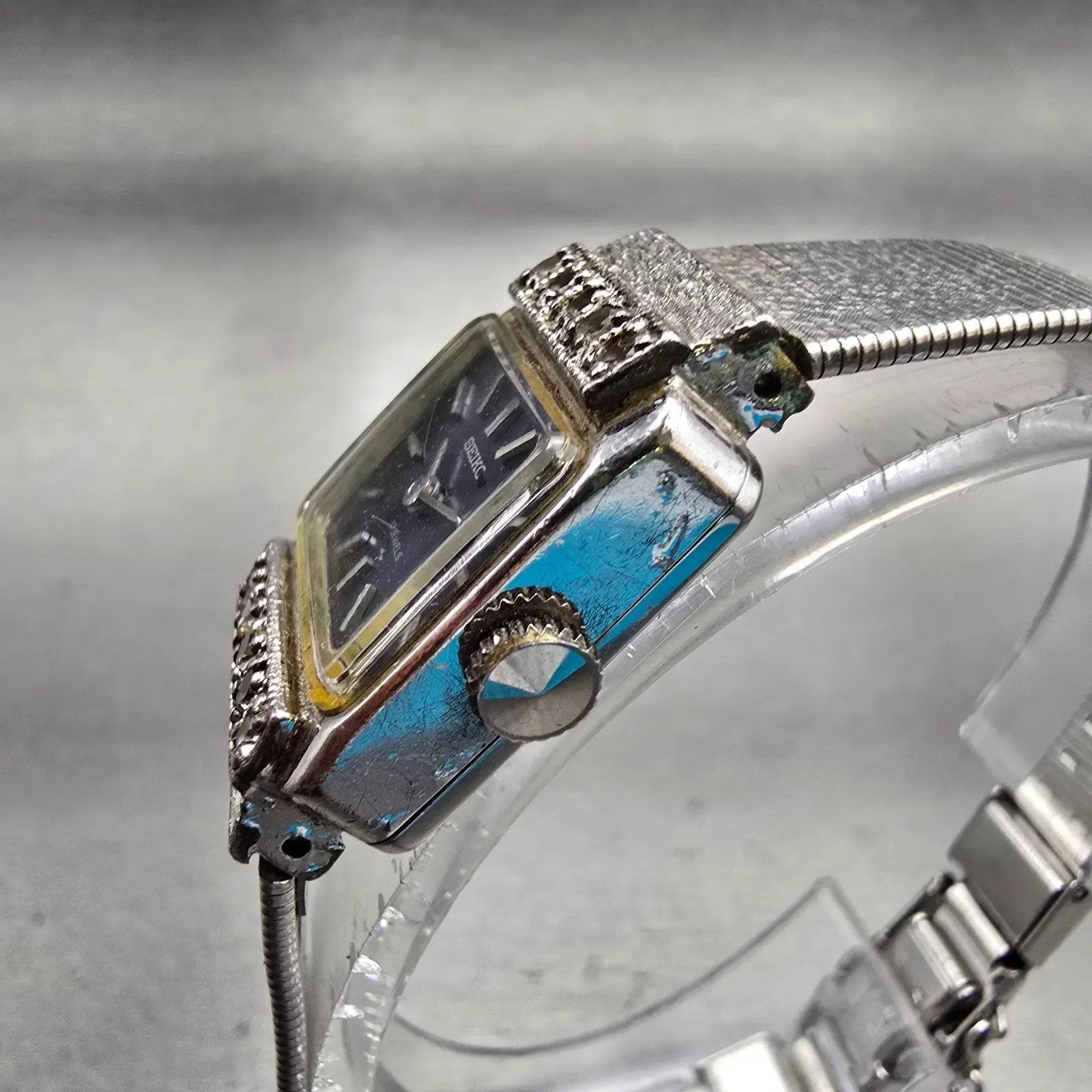 Seiko Watch Women 17mm Blue Dial Silver Tone Rectangle 21-3141 Manual Wind VTG2