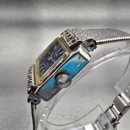 Seiko Watch Women 17mm Blue Dial Silver Tone Rectangle 21-3141 Manual Wind VTG2