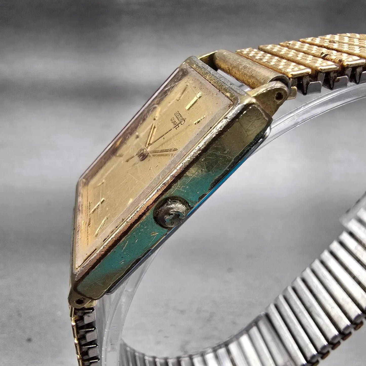 Seiko Watch Men 24mm Gold Dial Gold Tone Rectangle 2C21-5180 New Battery Vintage2
